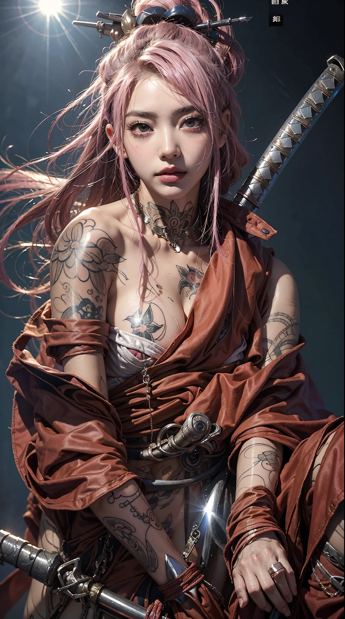 highest quality、Surreal、Perfect Anatomy、Crowded busy street、Surrounded by spectators、Crowd、Wet and shiny white skin、Sweat dripping all over the body、Slender model figure、Ahegao、Silver and pink hair、soaked、Super small face、Collars and Leads、Large cleavage、Cyberpunk City、photo shoot、Maid、Japanese sword、tattoo、