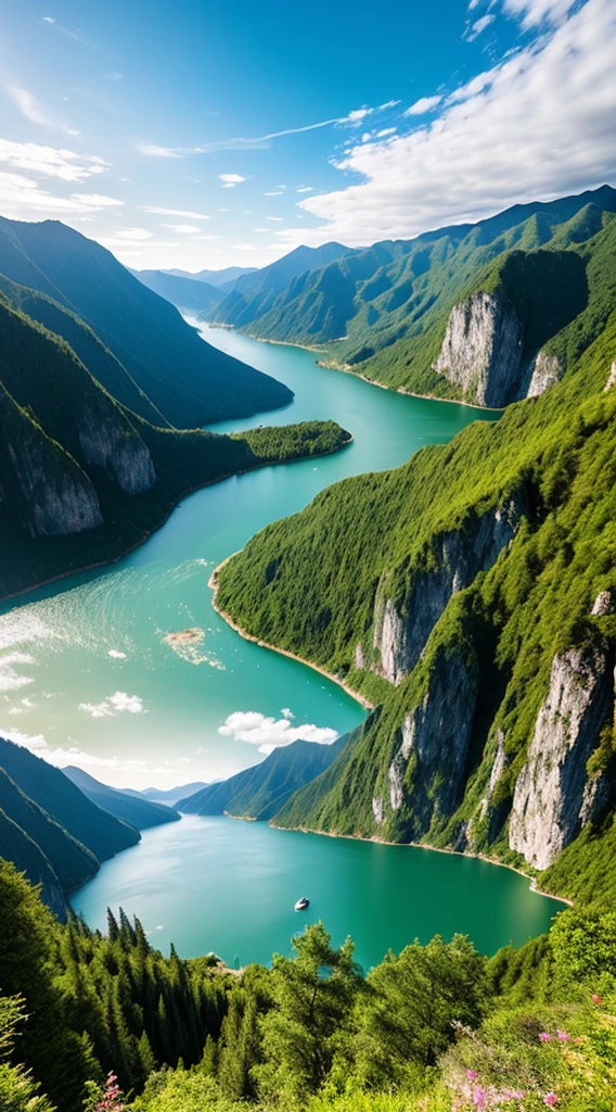Masterpiece, ultimate quality, Cg unity 8k wallpaper, super delicate, beautiful sky and clouds, rich natural scenery, cliffs, lakes and rivers, waterfalls and flying water, beautiful green mountains, no trace of people, excellent scenery, has already won a photo contest, background Blurring, full depth of field, HDR high dynamics, true restoration, intricate, extreme details, dramatic presentation, perfectly presenting the style of midjourney art.
