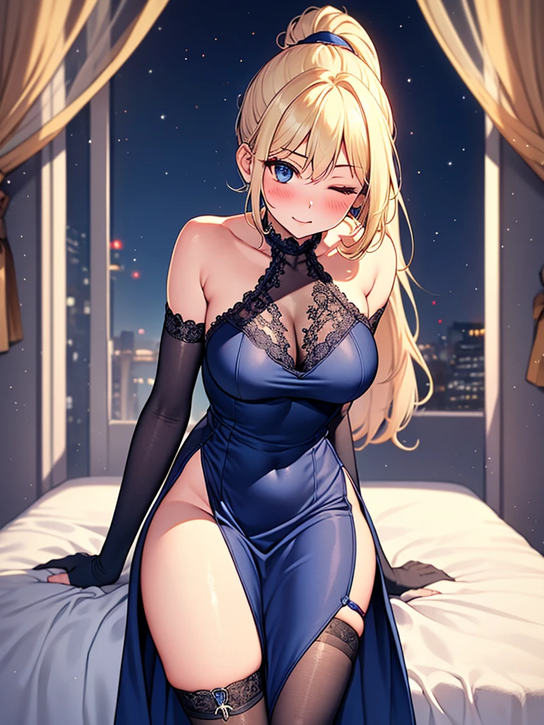 (highest quality, High resolution, perfect pixel, Depth of bounds written, 4K), hotel room, detailed eyes, (1 lady), tall, (skinny body:1.2) , (thin thighs:1.2), large breasts, (side boob), blond hair, (ponytail:1.2), (midnight blue one side slit dress:1.2), (sleeveless), bare back, elbow gloves, (lace legwear:1.2), (standing), (leaning forward:1.2), (hands-on lap:1.2), (aroused), blush, one eye closed,