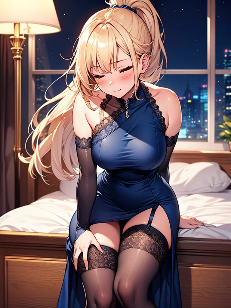 (highest quality, High resolution, perfect pixel, Depth of bounds written, 4K), hotel room, detailed eyes, (1 lady), tall, (skinny body:1.2) , (thin thighs:1.2), large breasts, (side boob), blond hair, (ponytail:1.2), (midnight blue one side slit dress:1.2), (sleeveless), bare back, elbow gloves, (lace legwear:1.2), (standing), (leaning forward:1.2), (hands-on lap:1.2), (aroused), blush, one eye closed, 