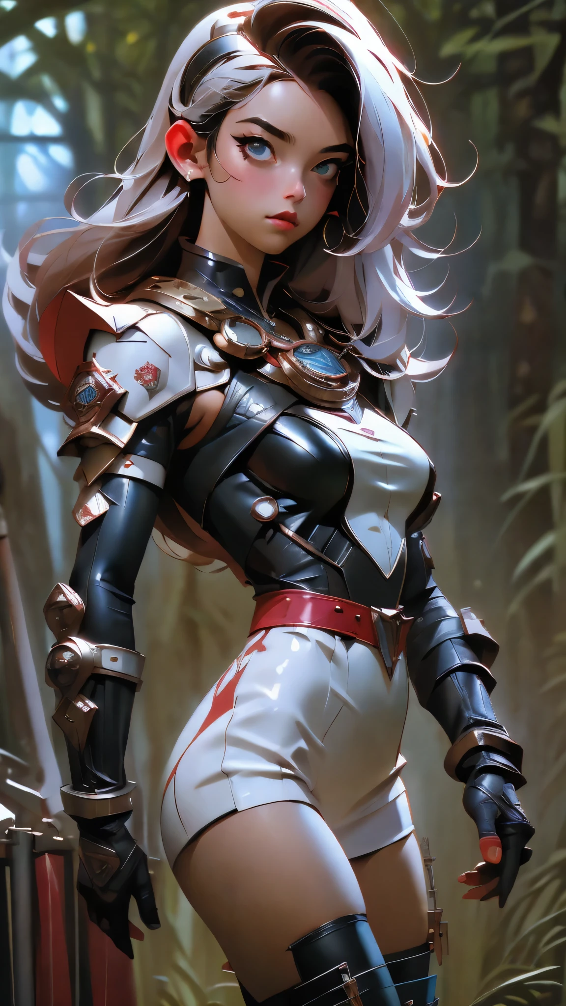 (best quality,4k,8k,highres,masterpiece:1.2),ultra-detailed, (((mulher))), (((melhor qualidade))), (((obra prima))), (((adulto))), (((1girl))), ((( corte de cabelo bob ))), Uma gladiadora cyberpunk mulher de 25 anos com corpo perfeito, shoulder pads with metal spines, Gladiadores do Brooklyn, (( corte de cabelo bob )), tiny leather panties, camiseta de time de rugby rasgada, quase nua no estilo selvagem urbano de Simon Bisley para a capa da revista Heavy Metal, Cabelo loiro curto, Minimum clothing, Metal protection on the left arm with intricate graphics, Dark red with white stars and blue and white striped pattern, armadura, cheio de pontas e rebites, tatuagem de veneno (((do joelho pra cima))), cabelos loiro branco curto, no fundo uma parede pintada por Shepard Fairey com um design intrincado, HDR, 8k, absurdres, cinestill 800, sharp focus, add_detail:3 (solo woman) anime, wideshot, widescreen, focus on subject