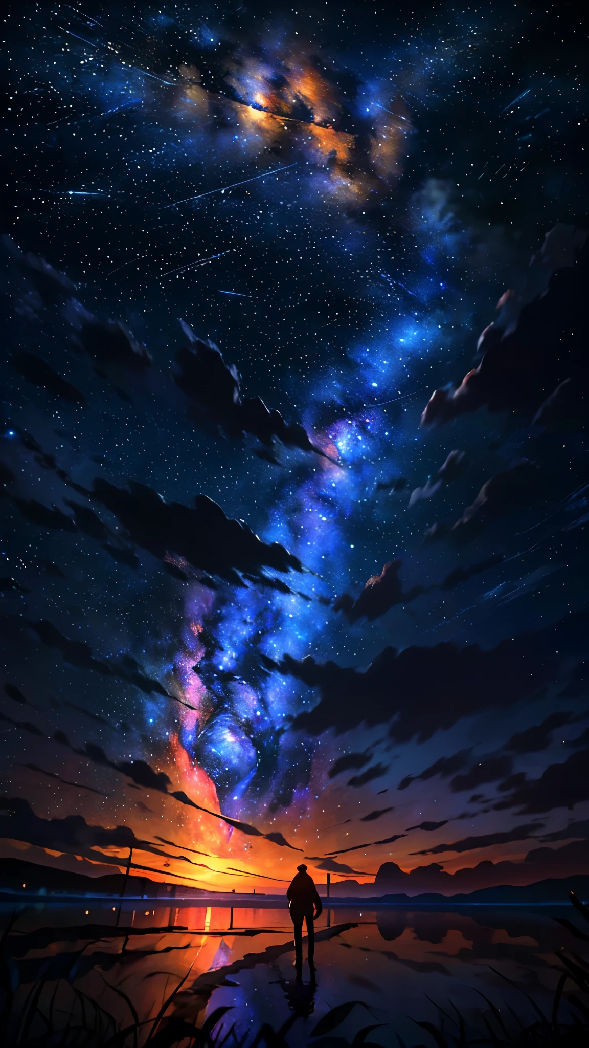 ((masterpiece)), (((best quality))), ((ultra-detailed)), (Amazing:1.1), beautiful, nature, sky and ground, heavy wind, windswept, line cloud,Light shoot from the cloud, The cosmic embrace of a meteor shower, painting streaks of stardust across the velvety expanse of an indigo night sky., booscapes