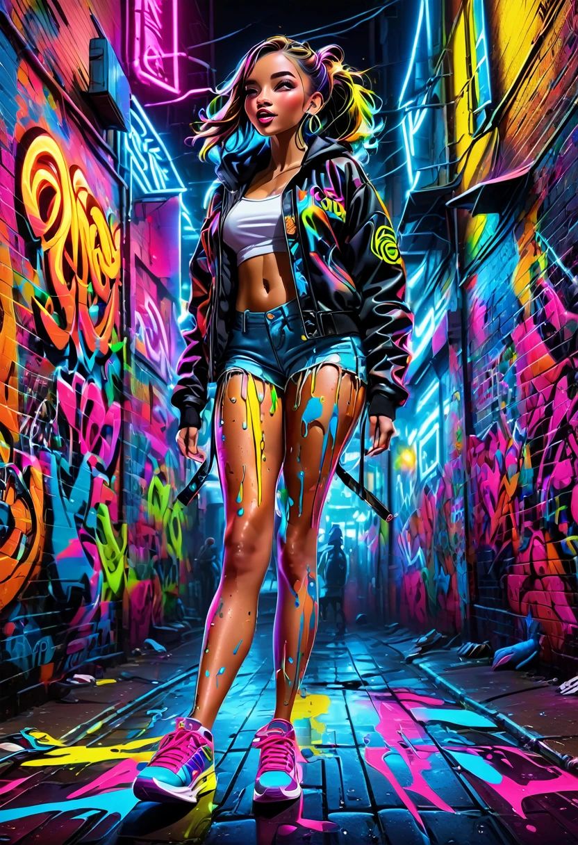 (high resolution:1.2),ultra detailed,realistic,sharp focus,colorful,graffiti covered walls,street artist girl,vibrant clothing,passionately singing,energetic performance,street art backdrop,urban atmosphere,bustling street scene,hustle and bustle, expressive facial expressions, dynamic pose, original accessories, confident stage presence, attention-grabbing fashion style, unique street style, city nightlife, neon lights illuminating, street fashion culture, youthful energy, crowd screaming, positive vibes, art, stylish sneakers, urban graffiti culture, paint-splattered streets, showcase of urban talent, vivid colors, eye-catching images, high-energy performance, electric atmosphere, Musical expression, Urban lifestyle