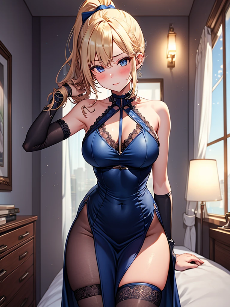 (highest quality, High resolution, perfect pixel, Depth of bounds written, 4K), hotel room, detailed eyes, (1 lady), tall, (skinny body:1.2) , (thin thighs:1.2), large , (side boob), d hair, (ponytail:1.2), (midnight blue one side slit dress:1.2), (sleeveless), cross halter, bare back, elbow gloves, (lace legwear:1.2), (standing), (leaning forward:1.2), (hands-on lap:1.2), (aroused), blush,