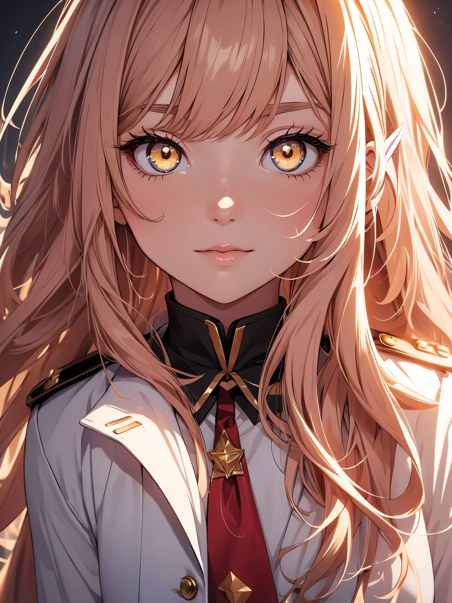 Girl, long chestnut hair, yellow eyes, sharp features, white skin, pink lips, uniform