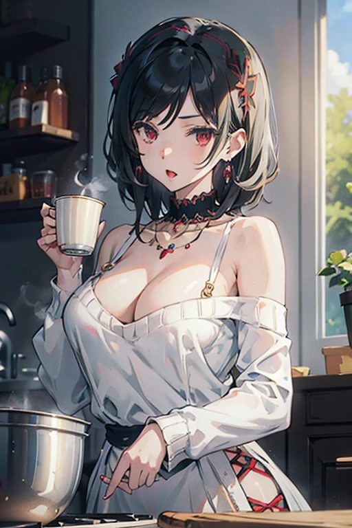 masterpiece, 1girl, Amazing Cleavage:1.3, thin waist, big ass, Raised sexy, medium breast:1.3,posed cleavage:1.2,solo, looking at viewer, open mouth, have a cup of coffee,black hair, red eyes, dress, bare shoulders, jewelry, collarbone, sidelocks, hairband, earrings, indoors, off shoulder, :o, sweater, arms behind back, plant, short hair with long locks, white hairband, off-shoulder dress, sweater dress, off-shoulder sweater, red sweater, big side hair, very long side hair,is rendered in (masterpiece: 1.2, best quality), with (ultra high resolution) and an exquisite (depth of field). This masterpiece is not only visually stunning but also tells, make of cooking some cakes ,in the kitchen
