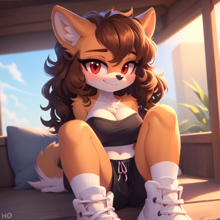 mobian, hedgehog, two-tone fur ((orange fur, brown fur)), pyjama elastic shorts, strapless crop top, cleavage, high-top sneakers, two-tone hair (brown hair, black tip)), curly hair, halo, sunglasses, jewelry, red eyes, longeyelashes, red eyes, smile, shy, blush, high detail, masterpiece, UHD, anatomically correct, super detail, highres, 4K