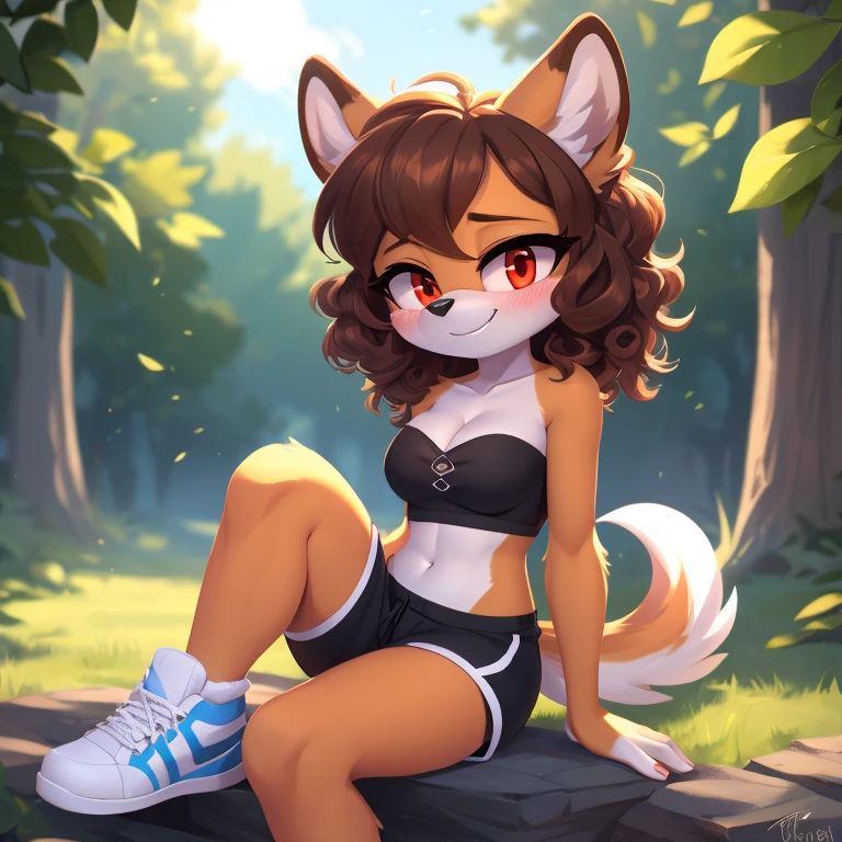 mobian, hedgehog, two-tone fur ((orange fur, brown fur)), pyjama elastic shorts, strapless crop top, cleavage, high-top sneakers, two-tone hair (brown hair, black tip)), curly hair, halo, sunglasses, jewelry, red eyes, longeyelashes, red eyes, smile, shy, blush, high detail, masterpiece, UHD, anatomically correct, super detail, highres, 4K