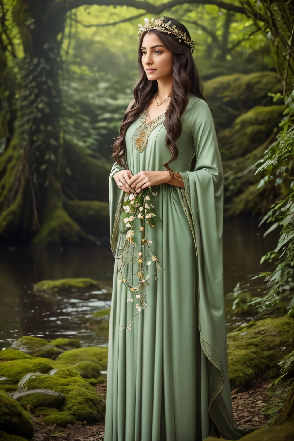 create a tall, graceful green-eyed woman in her 30s, with a serene aura and a calm, powerful presence. her posture is elegant but also firm, reflecting her connection with nature and her responsibility as guardian of vegetation and plant life, with long, abundant hair, falling in soft waves, possibly in shades of dark brown, symbolising her connection with the earth and vegetation. Her skin may have a pale tone, reminiscent of the soft glow of plants in the sunlight, with flowing, elegant clothing, with light fabrics that move with grace, the predominant colours being greens, golds and browns, representing the flora and the earth. Her clothes can have patterns of leaves, flowers woven into the fabric and other natural motifs, wearing a crown and accessories made of flowers and branches, reinforcing her role as the protector of plants, wearing ornaments that reflect nature, such as necklaces or bracelets made of flowers, leaves or seeds, with symbols of growth and renewal, such as branches or small bushes, with an atmosphere that can be soft and calm, with a sense of growth and life. Small flowers could sprout around her, and the air could be fresh and fragrant, with a slight hint of the smell of earth after rain, with elven style from Lord of the Rings, full body panoramic view, realistic, cinematic concept art illustration, hd, 4k