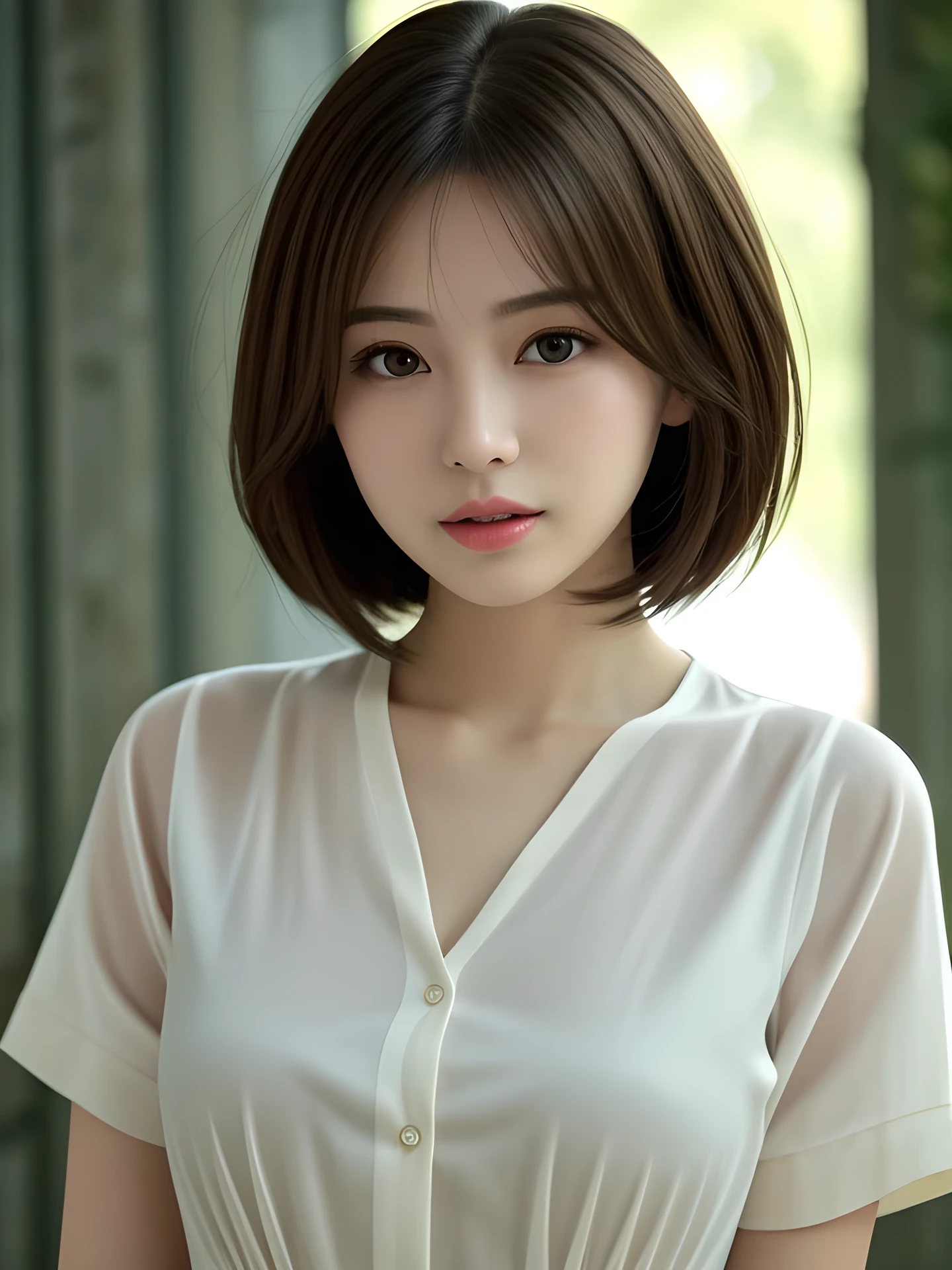 masterpiece, highest quality, High resolution, table top、wallpaper, realistic, bright lighting, professional lighting, face light, smooth lighting, japanese girl, cute, open mouth to say something, Beautiful girl, gravure, sexy, super beautiful, beautiful skin, beautiful and detailed eyes、detailed face、slim、moderately, short hair, brunette colored hair, brown eyes, looking away, silk dress shirt, The morning sunlight shines through the misty forest.