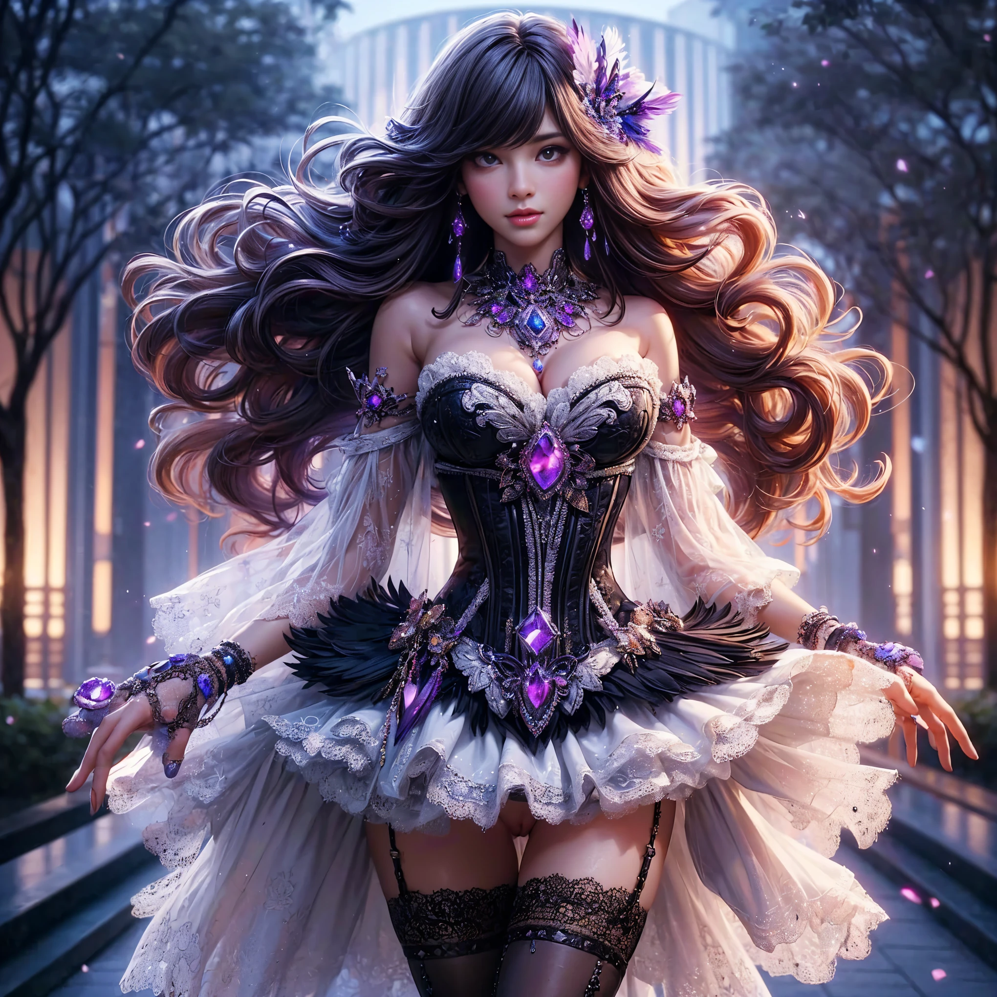 An asian woman with loose hair, standing on the stairs in the middle of a magical atmosphere, with a predominantly blue and red costume, a strapless corset-style dress decorated with bright purple jewels, a short tutu skirt, black thigh-high stockings with lace tops and ornaments purple jewels, white high heels with gold decoration, grand staircase background under mysterious sky full of stars and celestial bodies, crystal detailed, hyper realistic, hyperdetailTransparent clothing, Detailed gemstones, masterpiece, best quality:1.2),,(8k,highres,RAW photo,realistic,photo-realistic:1.3),(detailed skin texture,detailed cloth texture, beautiful detailed face:1.25),professional lighting,photon mapping,beautiful soft light,radiosity,physically-based rendering,raytracing, model shoot style, model shoot style, (extremely detailed CG unity 8k wallpaper), full shot body photo of the most beautiful artwork in the world (NSFW), (Nude), (Naked), (Nipple) (pussy) (exposed pussy)