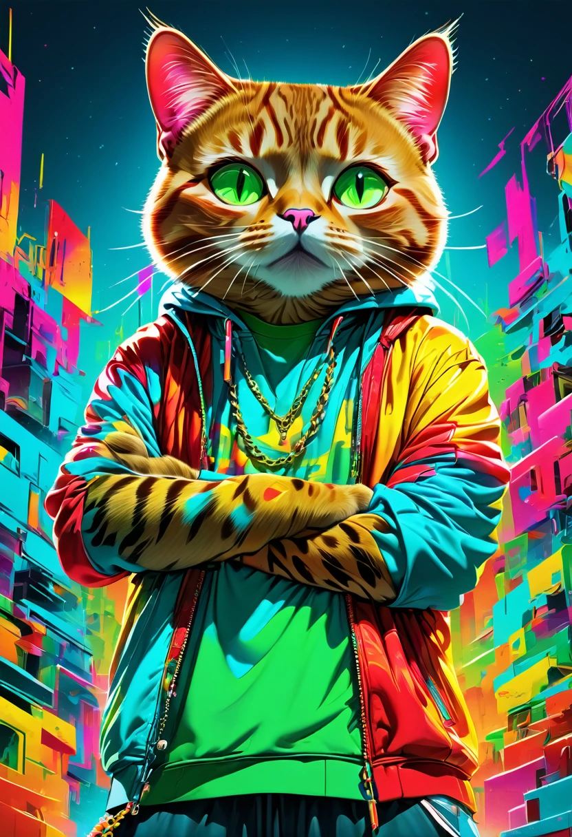 (big picture, ((rapper cat:1.5)), crossed arms pose, typical rapper pose, rapper clothing, colors, green, red, yellow, orange, cyan, masterpiece, hyper-detailed, sharp focus, vibrant colors, artwork: 1.2)