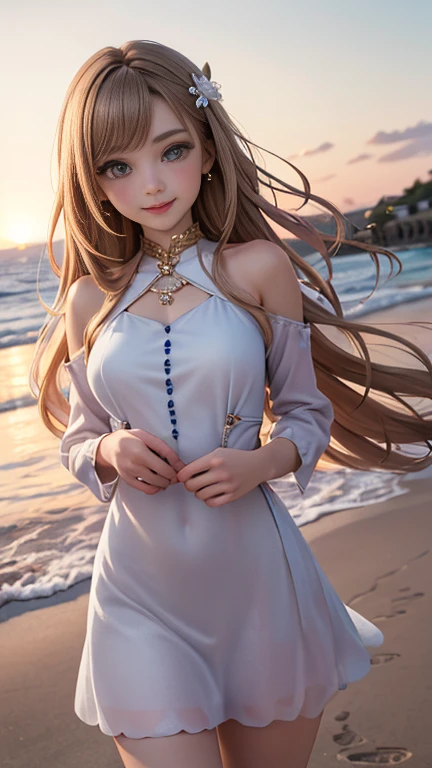 8k, masterpiece, 1 girl, Beautiful Face, Very long hair, light makeup, Fine grain, Detailed lips, Small person, (Beautifully designed dress:1.4), (Wearing Jewelry), 加工Big Breasts、Big Breasts、On a beautiful sandy beach, sunset, evening, Blowing Wind, Random hairstyle、hair ornaments、Looking at the camera and smiling、cute、Baby Face、Japanese、Very delicately designed clothes、Golden Eyes