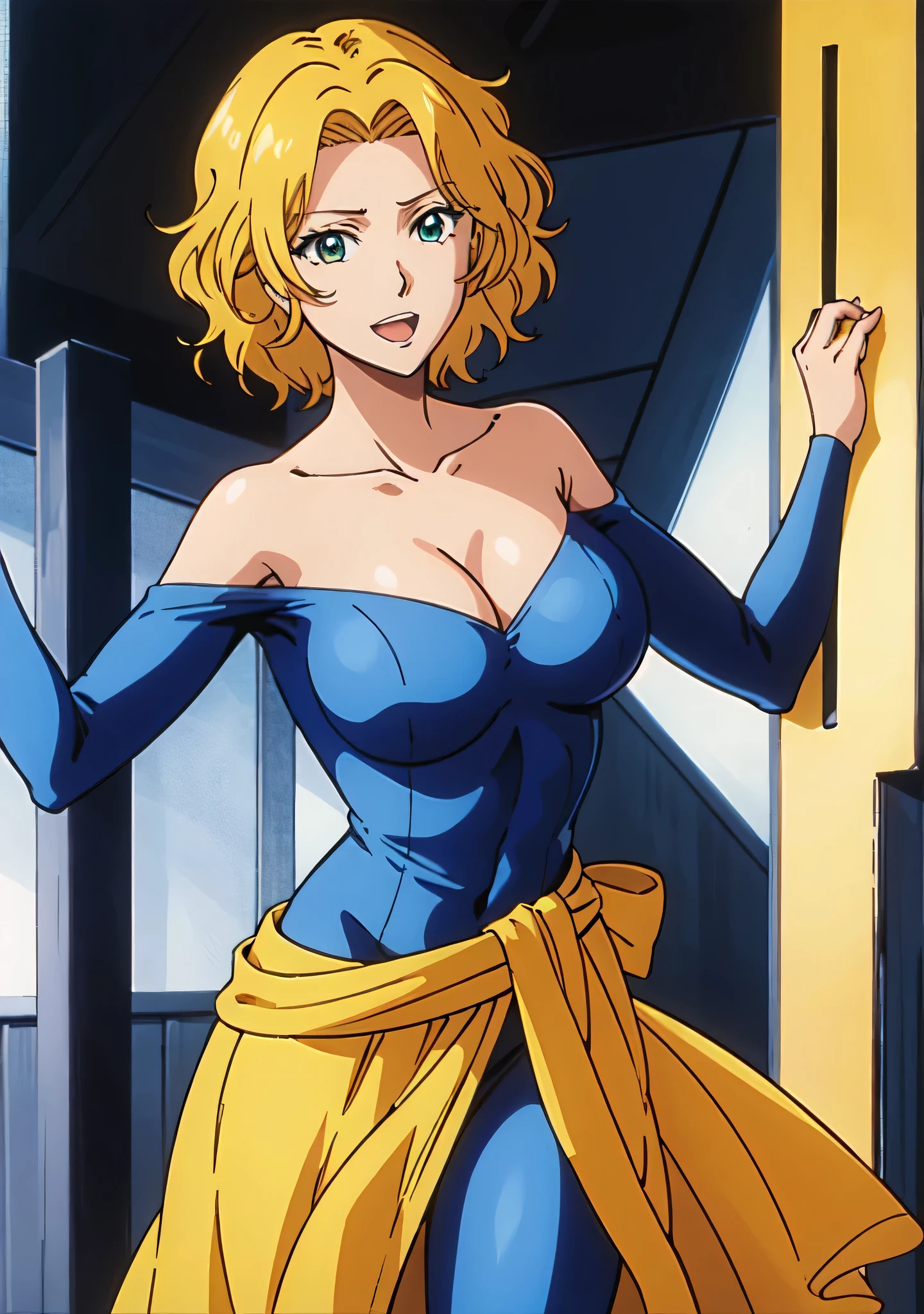 masterpiece、highest quality、Anime Women、solo、Watching the audience、laugh at、Short Hair、Blonde、eyelash、Green Eyes、Wavy Hair、Big Breasts、A woman with very large breasts、collarbone、Blue bodysuit、Off the shoulder、Long sleeve、Yellow sash、