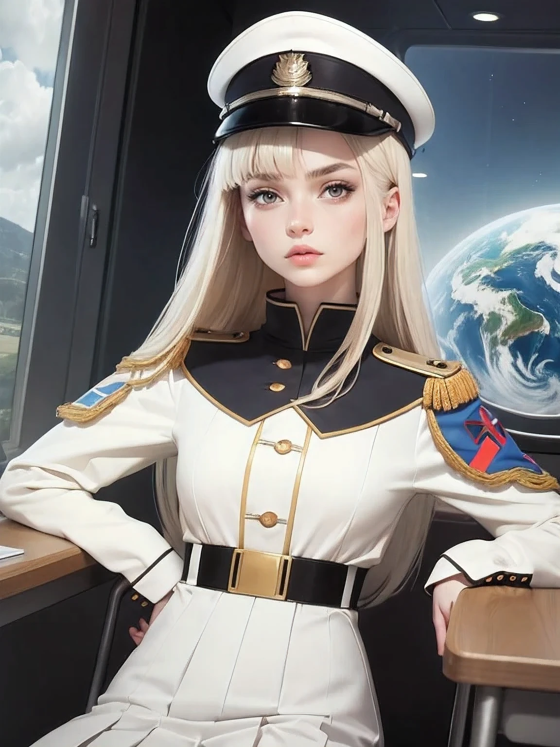 superflat, flat shading, flat colors, (masterpiece:1.2, best quality), (closeup), 2women, teen, slim, (white military outfit), pleated skirt, military hat, space cadet, sitting by desk, in classroom, put head on hand, bored,  classmates in background, (spaceship interiors), futuristic, cosmos, watercolor