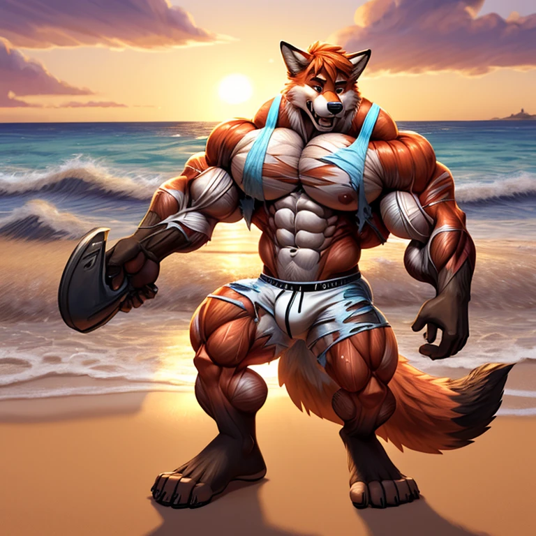 A human (((((partially transformed))))) into an (anthro muscle wolf) on a sunset beach with sea and palm. (((human legs))), ((human feet)), (shocked expression), (ripped clothing), (( tank top, slip sweatshort )), broad shoulders, big biceps, big pecs, big thighs, (((big feet))), (detailed red fox face), male focus, detailed eyes, high quality, best quality, concept art, photorealistic,(((midtransformation))), orange hair, (detailed muscle:2), brown feet, brown forearm