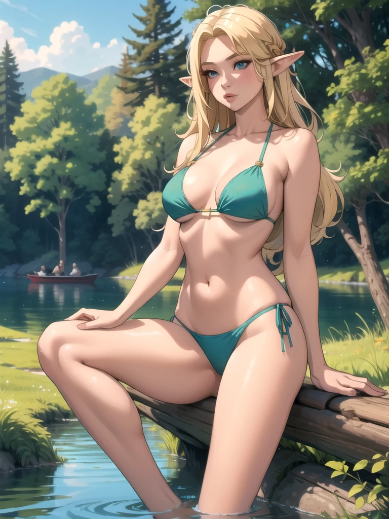 (masterpiece, best quality), 1girl, elf, mature woman, long blonde hair, bikini, lake, forest, thighs, breasts