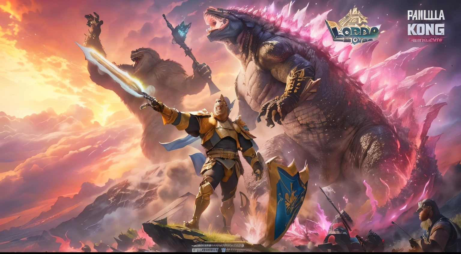 godzilla kong the movie, arte oficial de bienvenida, arte clave, charging screen", cargando pantalla, Pantalla de carga, arte oficial, arte promocional, arte oficialwork, game arte clave, arte de tarjetas coleccionables, lord of beasts, art album, salpicaduras de liga de leyendas, por Juan O'Gorman, high detailed arte oficialwork, Colossal dragon in the background., largo