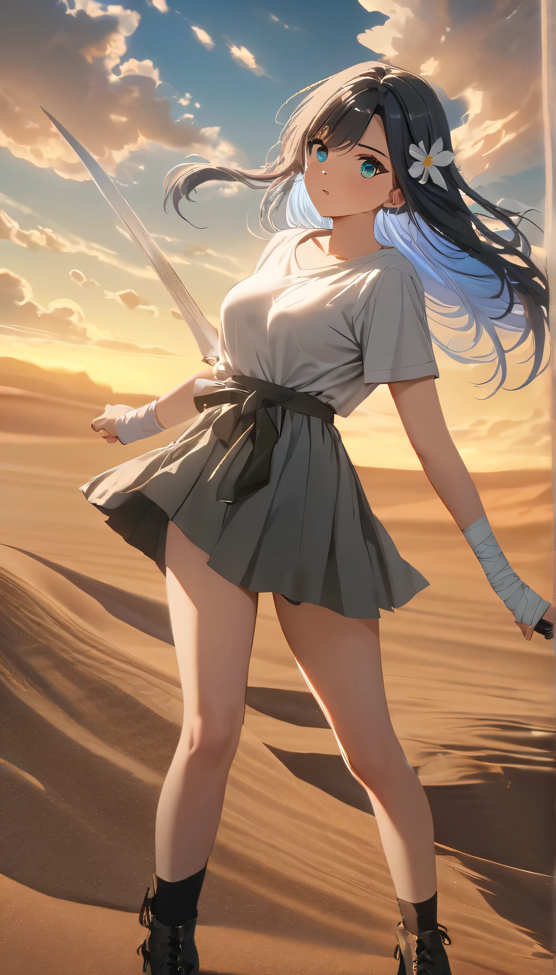 Resolution full, best quality, masterpiece, cinematic lighting, best photography, full HD, very sharpener, best art, very accurate, depth of field, beautifull girl, very accurate, 1girl, waifu, cute waifu, long hair, dark grey hair, cyan inner hair, white flower hair ornament, beautiful cyan eyes, medium breast, grey T - shirt oversized, bandage hands, bandage legs, holding sword, the girl have lighting power, floating girl, at desert, Columbus cloud