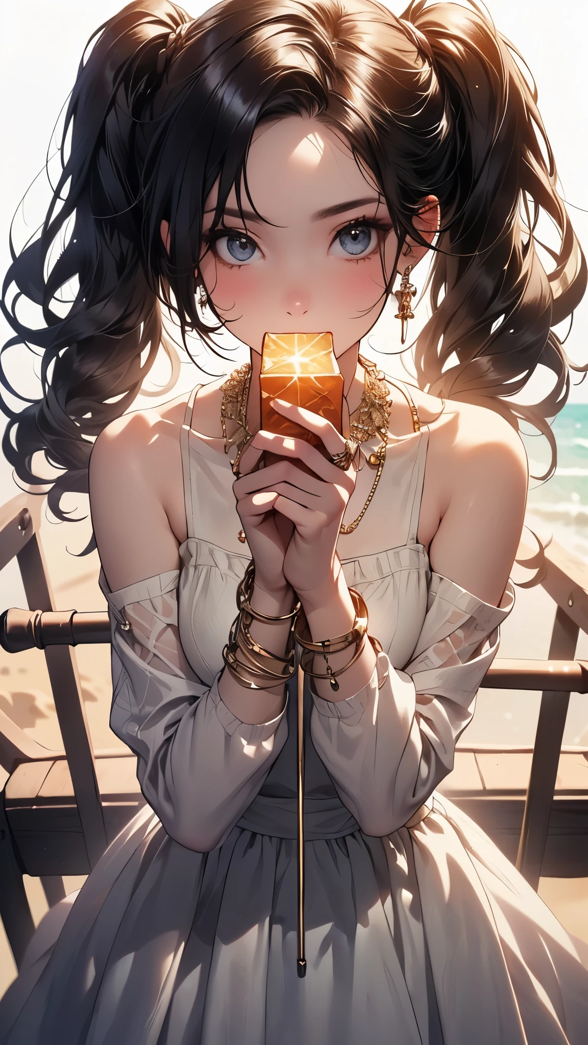 ((Biologically correct limb count))、((Full Body Shot, Full-body photo including face))、4K、masterpiece、((Focus on the face))、((Symmetrical facial features))、Eyes of meticulous depiction、Beautiful woman、Excellent style、Beautiful feet、(High heels)、Facial detailing、Small earrings、necklace、((Close-up photo of the upper body))、(Sleeveless upper body、Box Pleated Cart)、Strong sunlight、Scene of walking on the beach、Holding down your hair、Twin tails