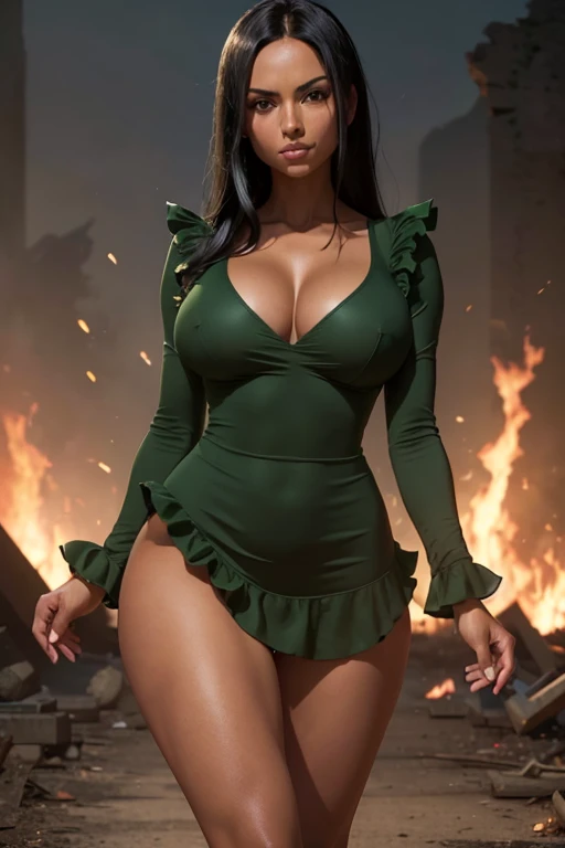 (masterpiece), best quality, expressive eyes, perfect face, Nico Robin at ruins on fire, (night background), (standing), (smirk), (closeup view), (1girl, Nico Robin face, dark skin, tanned skin, tan, black hair, long straight hairstyle, no bangs, brown eyes, hourglass figure, skinny body, large breasts, huge breasts, oppai, wide hips, thick thighs, ((green ruffled bottom minidress), (long sleeve), (v-neck), (open sholders), (black heels)),
