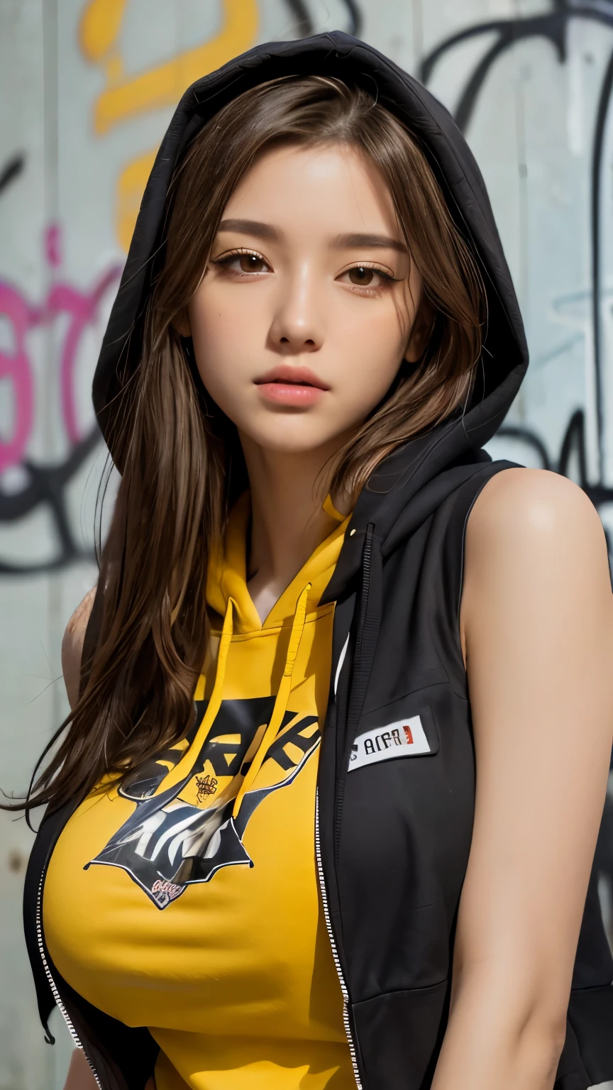 masterpiece, highest quality, Very detailed, 8k, Realistic, One Girl, alone, Tomboy, Very detailed face, (head shot:1.5), Upper Body, Standing in front of a wall covered in hip hop graffiti, Light brown long hair, He is wearing a short black tank top and an open-zipped yellow hoodie.。., Reaching into the pocket of a hoodie