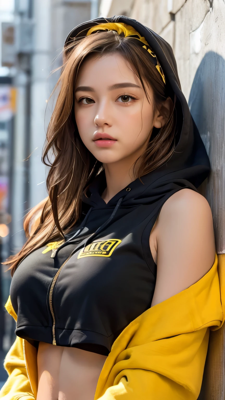 masterpiece, highest quality, Very detailed, 8k, Realistic, One Girl, alone, Tomboy, Very detailed face, (head shot:1.5), Upper Body, Standing in front of a wall covered in hip hop graffiti, Light brown long hair, He is wearing a short black tank top and an open-zipped yellow hoodie.。., Reaching into the pocket of a hoodie