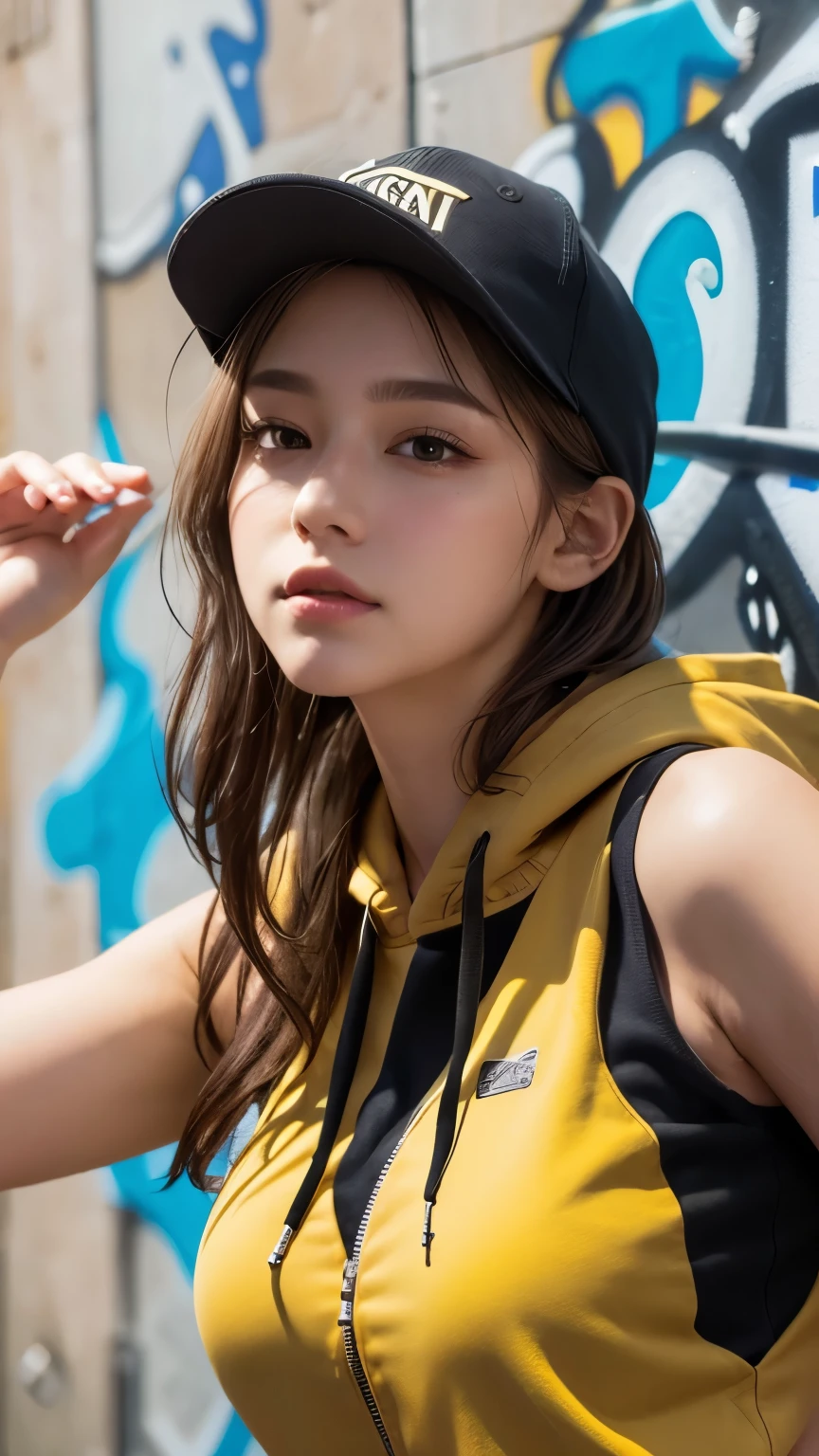 masterpiece, highest quality, Very detailed, 8k, Realistic, One Girl, alone, Tomboy, Very detailed face, (head shot:1.5), Upper Body, Standing in front of a wall covered in hip hop graffiti, Light brown long hair, He is wearing a short black tank top and an open-zipped yellow hoodie.。., Reaching into the pocket of a hoodie