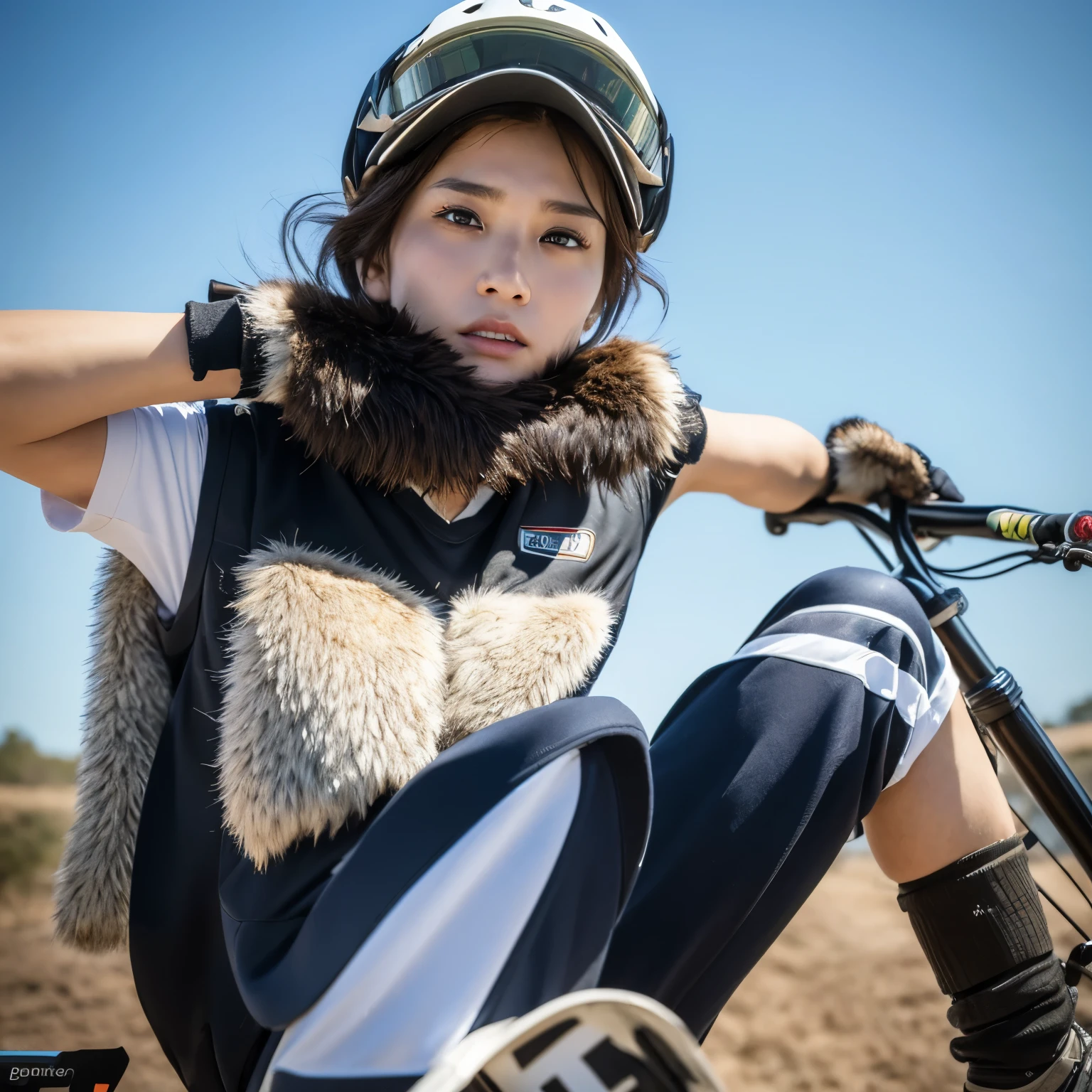 ((Best quality, 8k, Masterpiece: 1.3)), Um majestic mamute sitting triumphantly atop a motocross bike: 1.3, Detailed fur texture, sharp facial features, concentrated expression, motorcycle with intricate design, helmet with visor, bare feet, muscular arms, leather vest, gloves, focus on the mamute's strong and steady gaze directly into the camera.