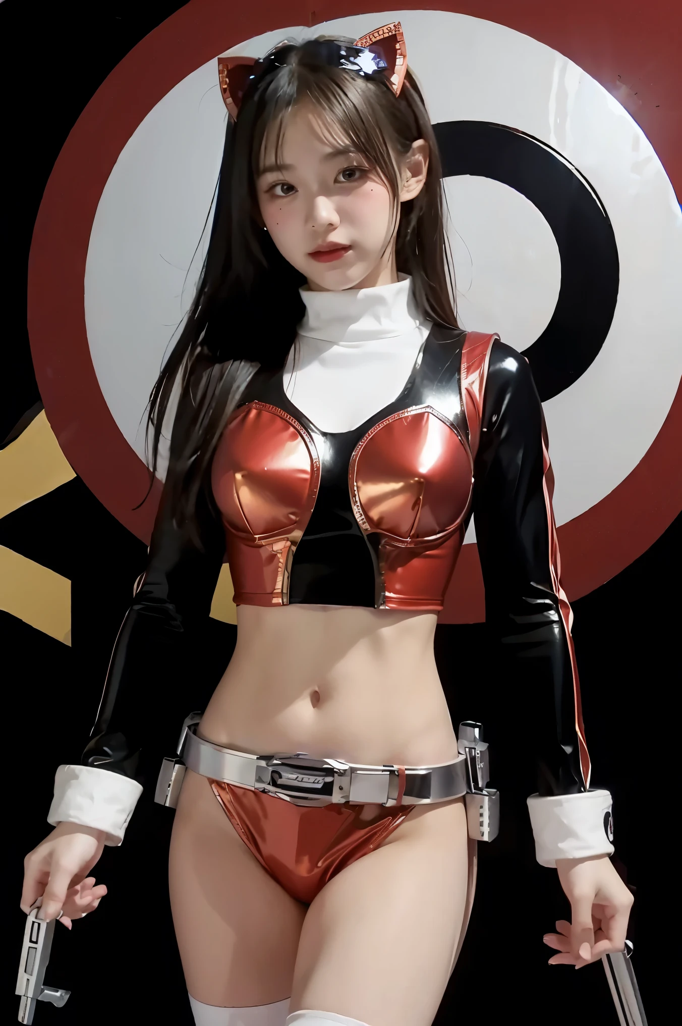 1girl, solo, 8K, Top,hentail realism、Front lighting,Kamen Rider Scarlet_Sun。Metallic body,Crimson shone with a silver glow、Wear a deformed belt、Burn with a righteous heart, She follows the minions of evil々Defeat。The fighting intensified、The last enemy appears。Special moves(Crimson crushed)、Kamen Rider illuminates the darkness。