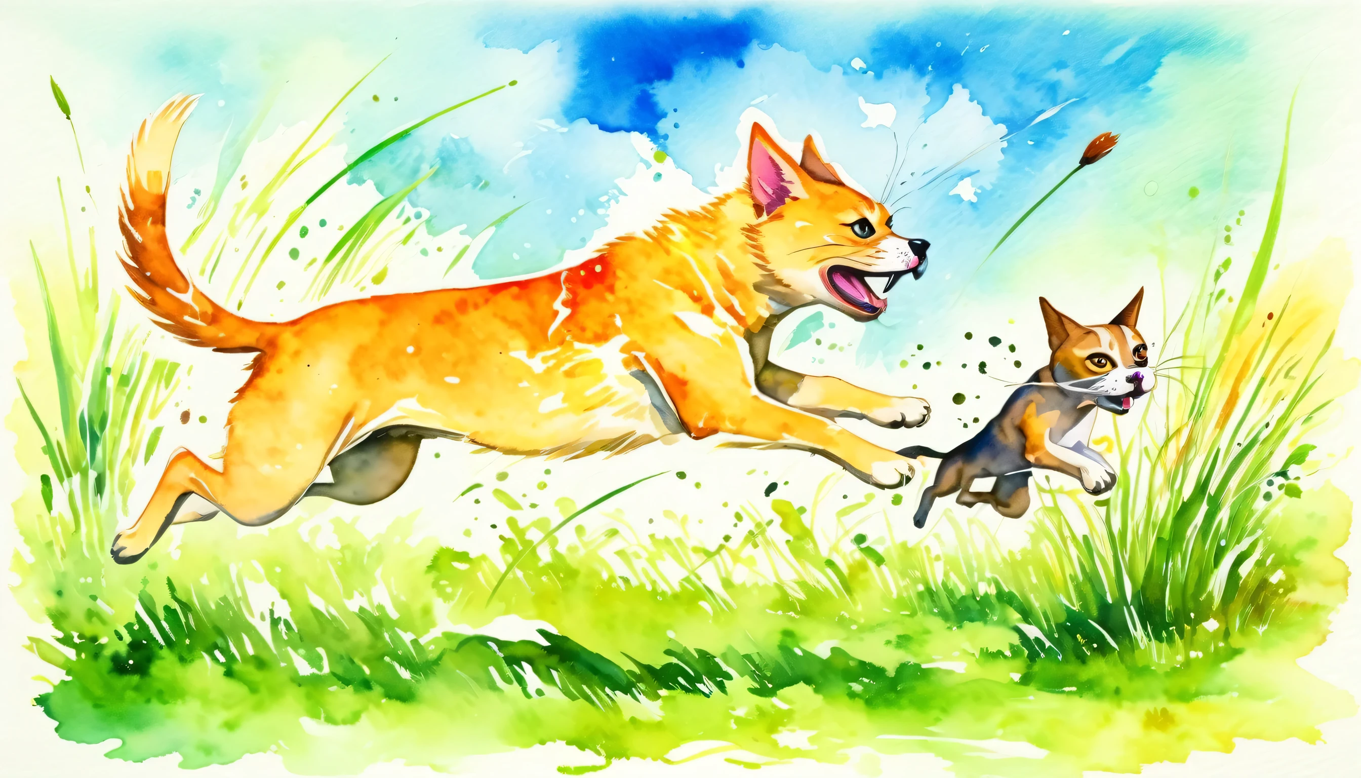 very angry cat chasing scared dog, outdoors, grass, no_humans, animal_focus, animals, jumping, running, modern art, painting, drawing, watercolor, psychedelic colors