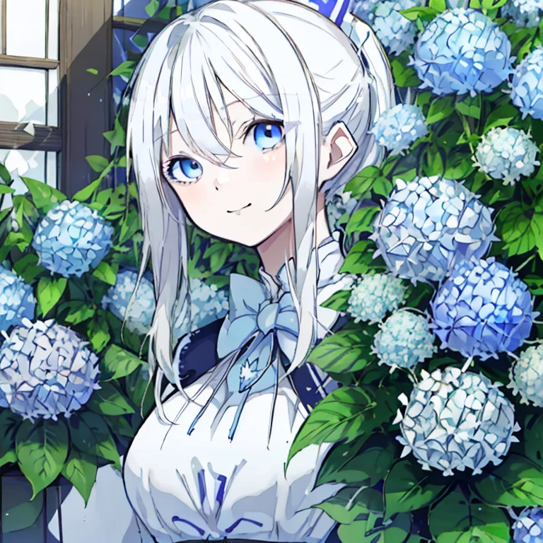 White Hair，Long Hair，ponytail，Blue Eyes，Sharp Eyes，hydrangea，青いhydrangea，青いhydrangeaのドレス，沢山のhydrangea，beautiful，Mature，smile，Blue Butterfly