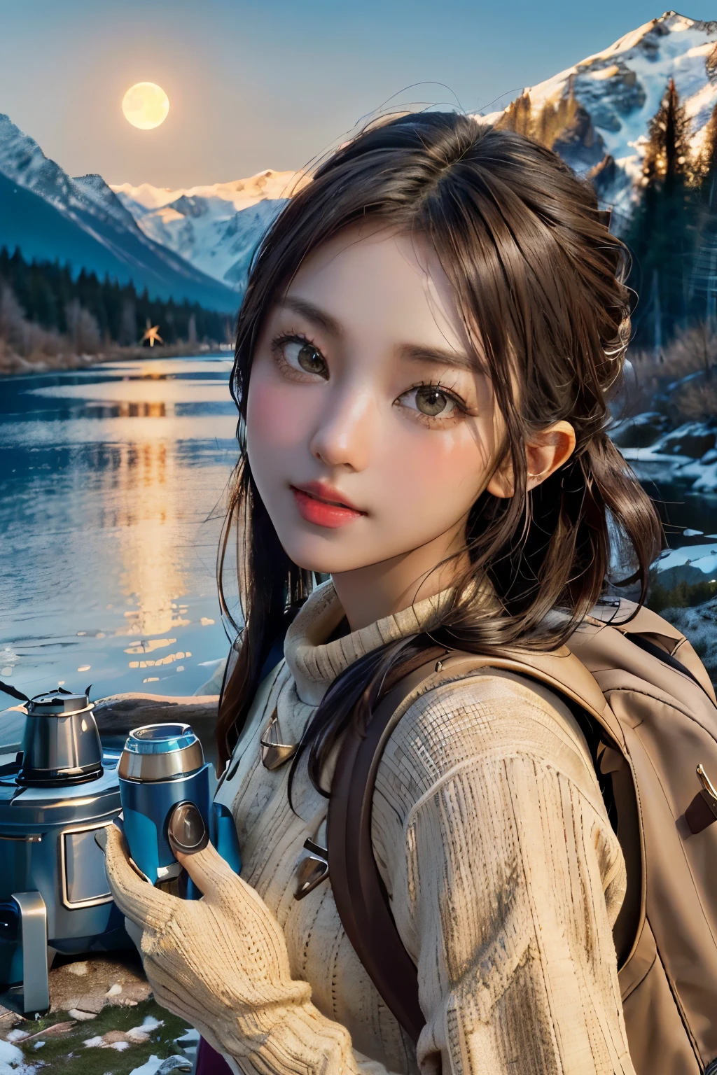 veronica cypher ((upper body selfie, happy)), masterpiece, best quality, very detailed, alone, outdoors, (night), mountain, nature, (star, moon) cheerful, happy, backpack, sleeping bag, camping stove, Water bottle, 등mountain화, Gloves, sweater, have, flash, forest, rock, river, wood, performance, shadow, difference, clear sky, analog style (look at the viewer:1.2) (skin texture) (film grain:1.3), (warm tones, warm tone) :1.2), enlargement, cinematic light, side lights, ultra high resolution, 최고의 shadow, raw, upper body, , Wear pullover Kodak Vision 3,