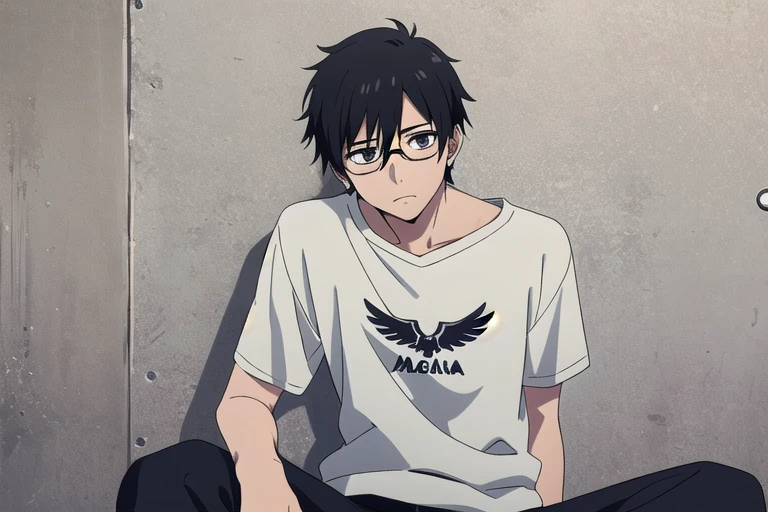 male, black hair, hair over shoulder, bespectacled, empty eyes, bored, black wide pants, blusa de manga longa preta, corrente, piercing