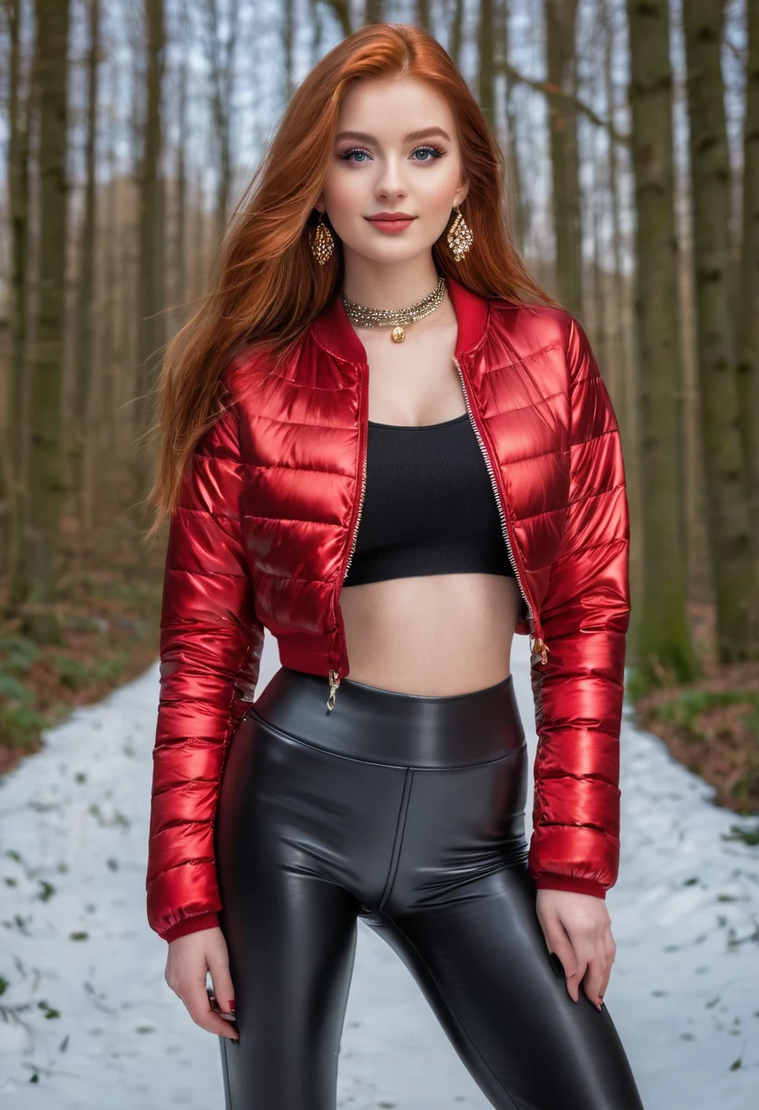 hyperrealistic beautiful busty 18-year-old women in red longsleeve croptop with shiny metallic puffer-jacket and leather leggins, model shooting full body photography, natural redhead very long straight hair, dark eye makeup with eyeliner, seductive smile, small necklace and earrings, 8K, best quality, Meisterwerk, ultra high resolution, (Realismus: 1.4), Originalfoto, (realistische Hautstruktur: 1.3), (Filmkorn: 1.3), (Selfie-Winkel), 1 girl, Beautiful round eyes and facial details, Meisterwerk, best quality