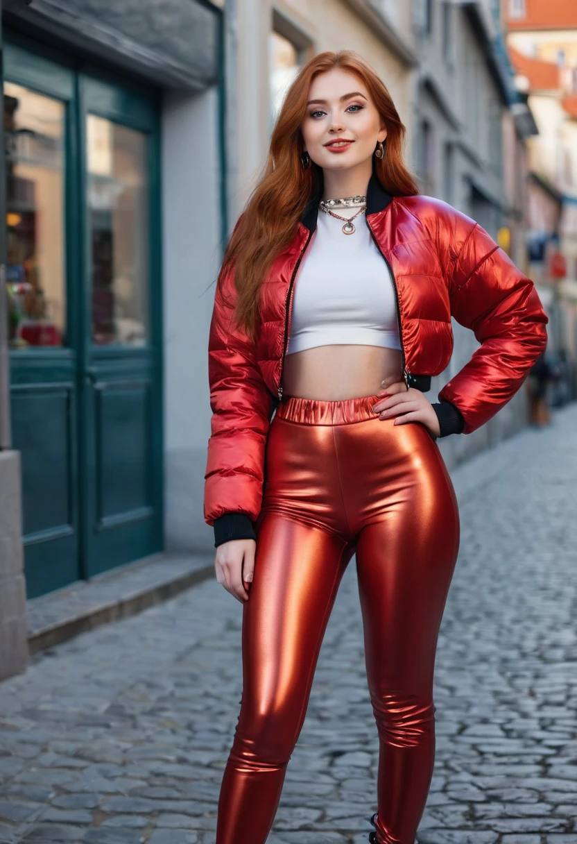 hyperrealistic beautiful busty 18-year-old women in red longsleeve croptop with shiny metallic puffer-jacket and leather leggins, model shooting full body photography, natural redhead very long straight hair, dark eye makeup with eyeliner, seductive smile, small necklace and earrings, 8K, best quality, Meisterwerk, ultra high resolution, (Realismus: 1.4), Originalfoto, (realistische Hautstruktur: 1.3), (Filmkorn: 1.3), (Selfie-Winkel), 1 girl, Beautiful round eyes and facial details, Meisterwerk, best quality