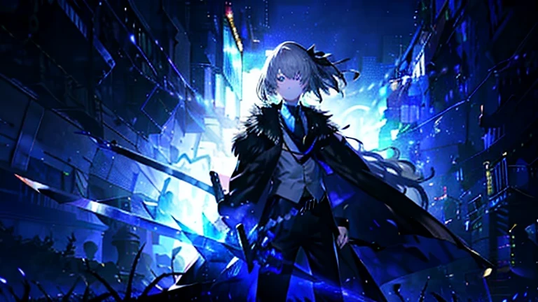 Wearing Darkness,1 Girl,Gray Hair,Long Hair,Purple left eye,blue right eye,With a dark sword,Countless Swords,Dark Aura,Black darkness,Golden Darkness,Black long coat,White Shirt,Black tie,Long trousers, Girls,1 person