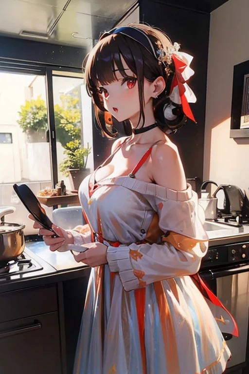 masterpiece, 1girl, Amazing Cleavage:1.3, thin waist, big ass, Raised sexy, medium breast:1.3,posed cleavage:1.2,solo, looking at viewer, open mouth, have a cup of coffee,black hair, red eyes, dress, bare shoulders, jewelry, collarbone, sidelocks, hairband, earrings, indoors, off shoulder, :o, sweater, arms behind back, plant, short hair with long locks, white hairband, off-shoulder dress, sweater dress, off-shoulder sweater, red sweater, big side hair, very long side hair,is rendered in (masterpiece: 1.2, best quality), with (ultra high resolution) and an exquisite (depth of field). This masterpiece is not only visually stunning but also tells, make of cooking some cakes ,in the kitchen