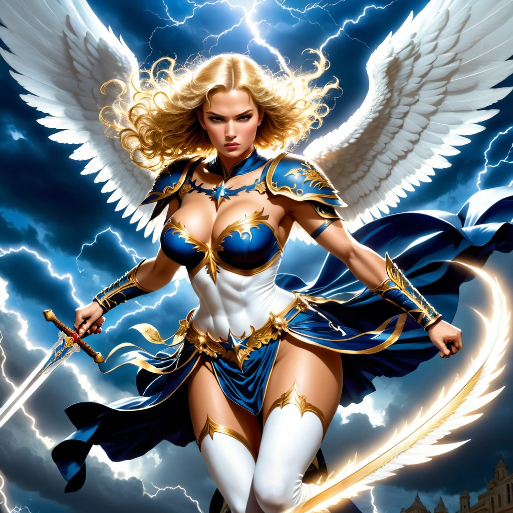 (best quality:1.2,comics art:1.1,vivid colors,victorius scene,beautiful vintage angel warrior woman with very big bulky white wings holding one sword,((dark blue dress with gold embroid details)),little breasts, determined face expression,(((corpo de frente para o observador))),storm and lightning background,dramatic lighting)