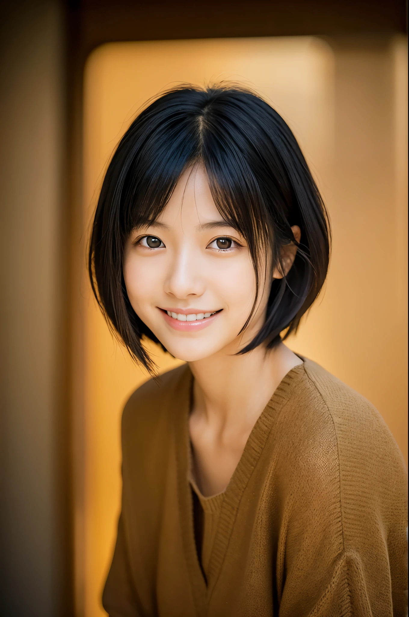 Portraiture, 8k, high quality, Realistic Photographic Images, 17 years old, Japanese women, Neat, small, Natural and realistic eyes, Beautiful black hair, short hair, light makeup, Octane Rendering, Beautiful lighting, Golden ratio composition, smile, Casual wear, Casual clothing, Natural background, Blurred Background