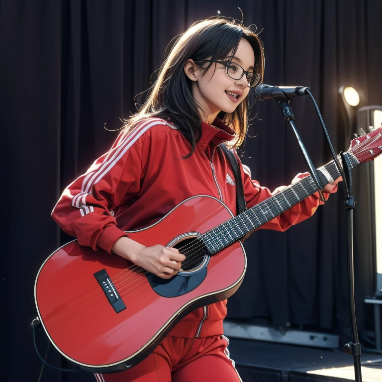 (best quality,4k,8k,highres,masterpiece:1.2),ultra-detailed,(realistic,photorealistic,photo-realistic:1.37),portraits,comedian,smiling,talking,stand-up microphone,2girls wearing completely different outfits:1.4,(1girl wearing a red tracksuit:1.37,chicken imitating dance),(another girl wearing a blue tracksuit:1.37,black-rimmed glasses, playing acoustic guitar),(both standing on a small stage)