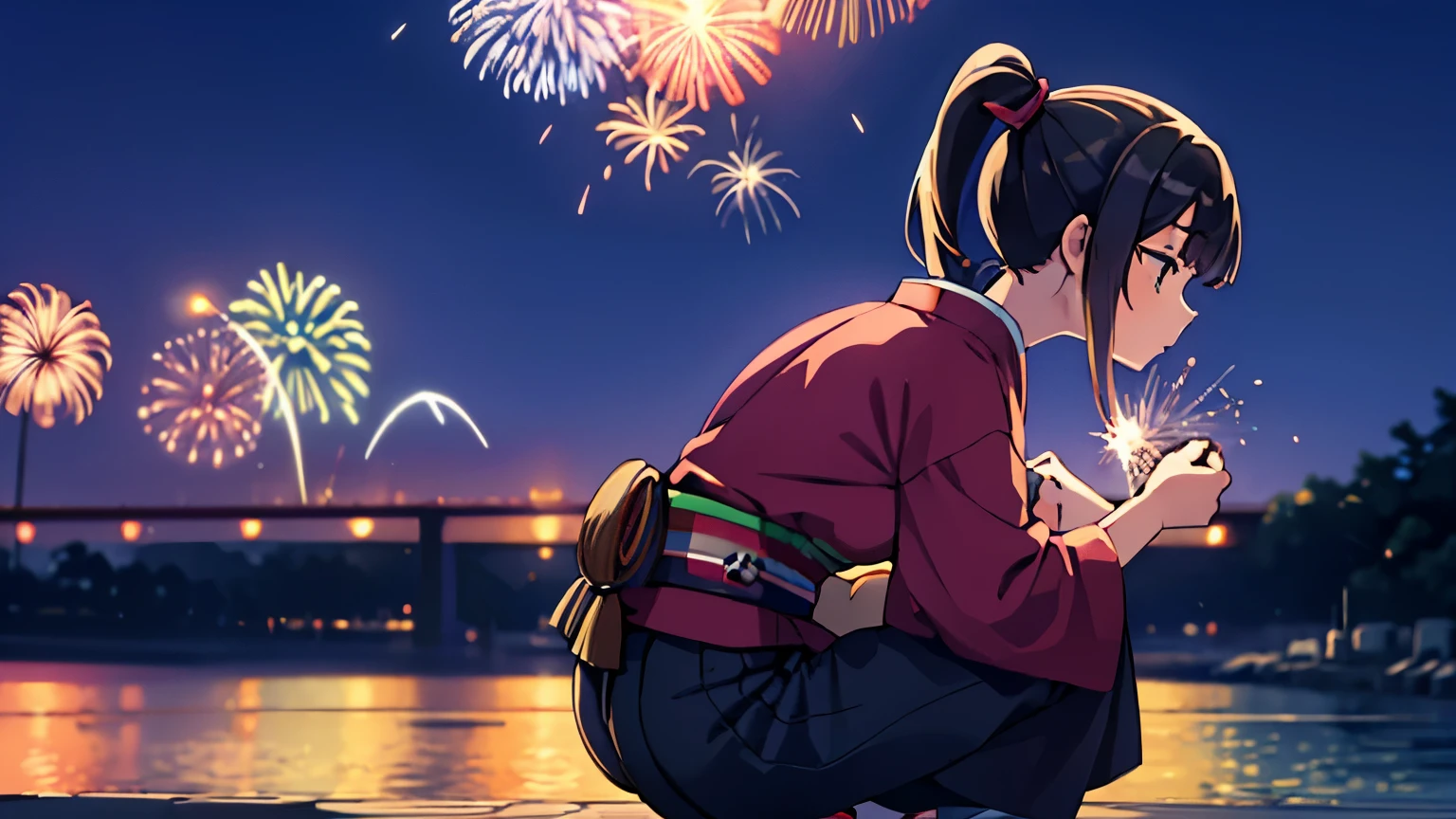 Profile of a woman with a Japanese-style ponytail in a squatting position holding fireworks
