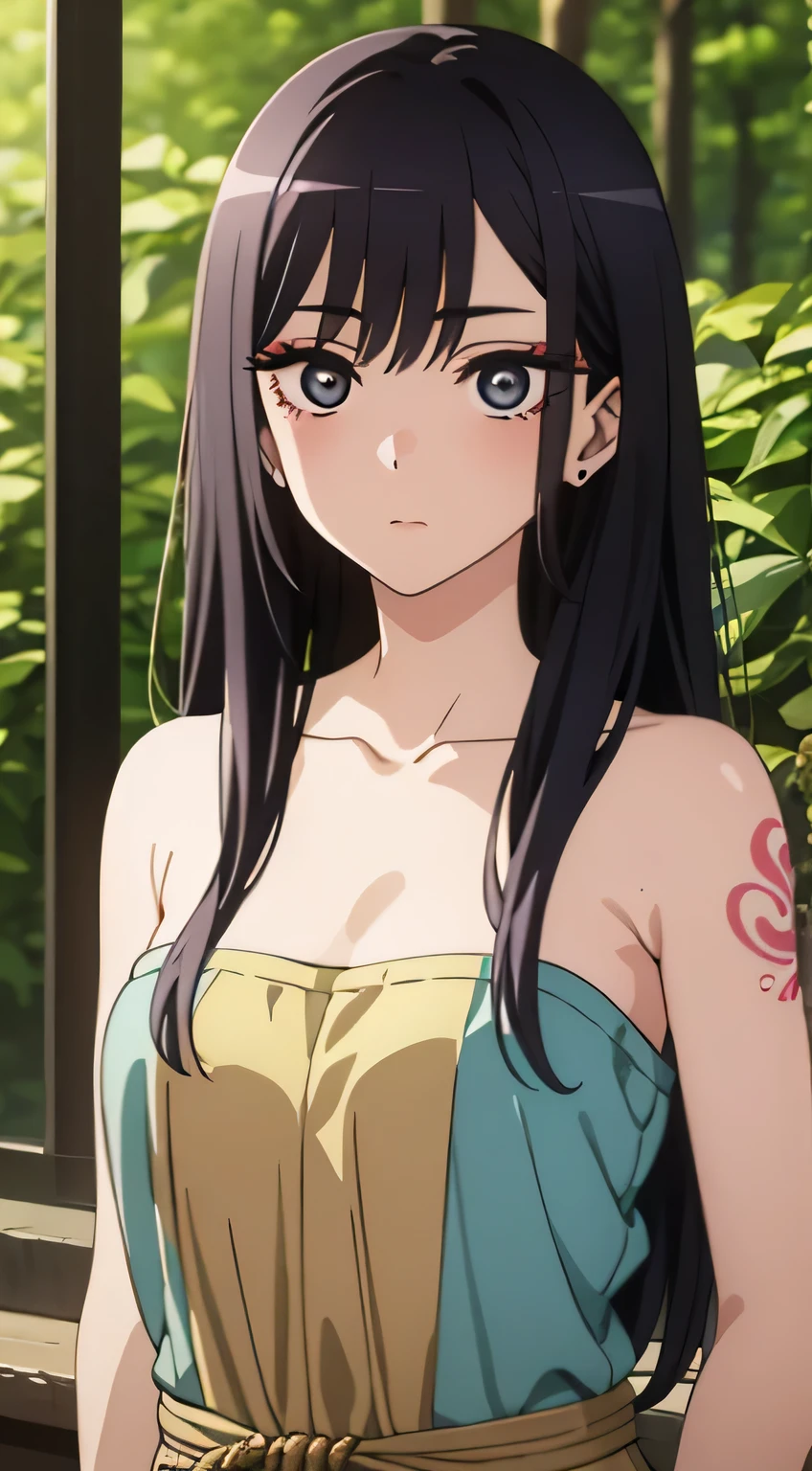 ((best quality)), ((masterpiece)), (detailed), perfect face, beautiful girl, black hair, indian, many accesories, using native indian dress, native American, many tatoo in her body, background forest