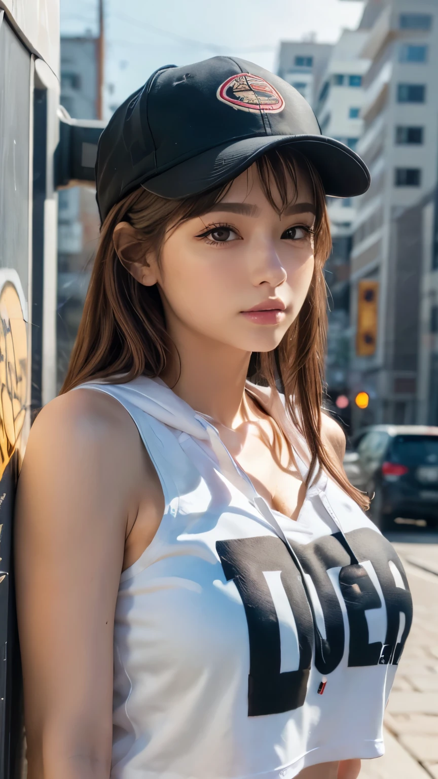 masterpiece, highest quality, Very detailed, 8k, Realistic, One Girl, alone, Tomboy, Very detailed face, (head shot:1.5), Upper Body, Standing in front of a wall covered in hip hop graffiti, Light brown long hair, He is wearing a short black tank top and an open-zipped yellow hoodie.。., Reaching into the pocket of a hoodie