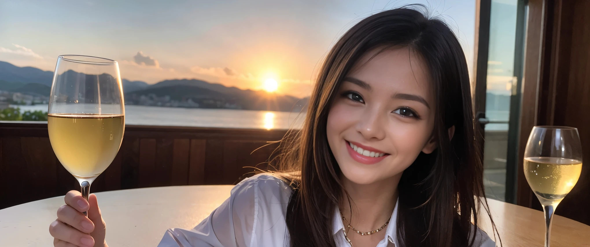 ((highest quality、8k、masterpiece:1.3))、Beautiful woman perfect body:1.4、2 women、slimなボディ、((Bob Hale、Straight hair:1.2))、 Ultra-high resolution, Bright image、2. The beauty of wine, Beautiful Face, blue eyes, Beautiful Eyes, The light shines on your face, Blushing your nose, short hair,Amazing view of the sunset sky and clouds、Amazing mountain views、ニコニコ明るいsmile、smileの素敵な女性、Bright Face、Fox face、Lady、Champagne、Wine bottle、wine glass、red wine 、Appetizers、Italian food、Two beauties、Brown Hair、Shortcuts、Long sleeve shirt、Winter Fashion、dress、Wine bottle、sparkling wine、Pretty Woman 1, (slimな顔), (Brown Hair), (Shortcuts), cheeks turn a little red, (42 years old), 39 years old, Attractive beauty、restaurant, Nova Frog Style, actress, model, Upper Body, White wine, slim, wine glass, 真ん中に置かれたwine glass, smile, (smile: 1.15), 綺麗なBeautiful Eyes, Strong light and shadow,Moist Body:1.5、Delicate eyes、Brown Hair、The hair is very shiny、