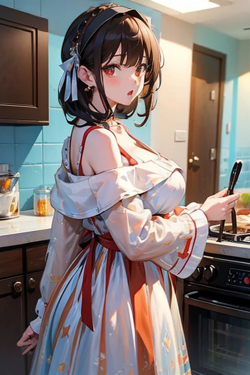 masterpiece, 1girl, Amazing Cleavage:1.3, thin waist, big ass, Raised sexy, medium breast:1.3,posed cleavage:1.2,solo, looking at viewer, open mouth, have a cup of coffee,black hair, red eyes, dress, bare shoulders, jewelry, collarbone, sidelocks, hairband, earrings, indoors, off shoulder, :o, sweater, arms behind back, plant, short hair with long locks, white hairband, off-shoulder dress, sweater dress, off-shoulder sweater, red sweater, big side hair, very long side hair,is rendered in (masterpiece: 1.2, best quality), with (ultra high resolution) and an exquisite (depth of field). This masterpiece is not only visually stunning but also tells, make of cooking some cakes ,in the kitchen