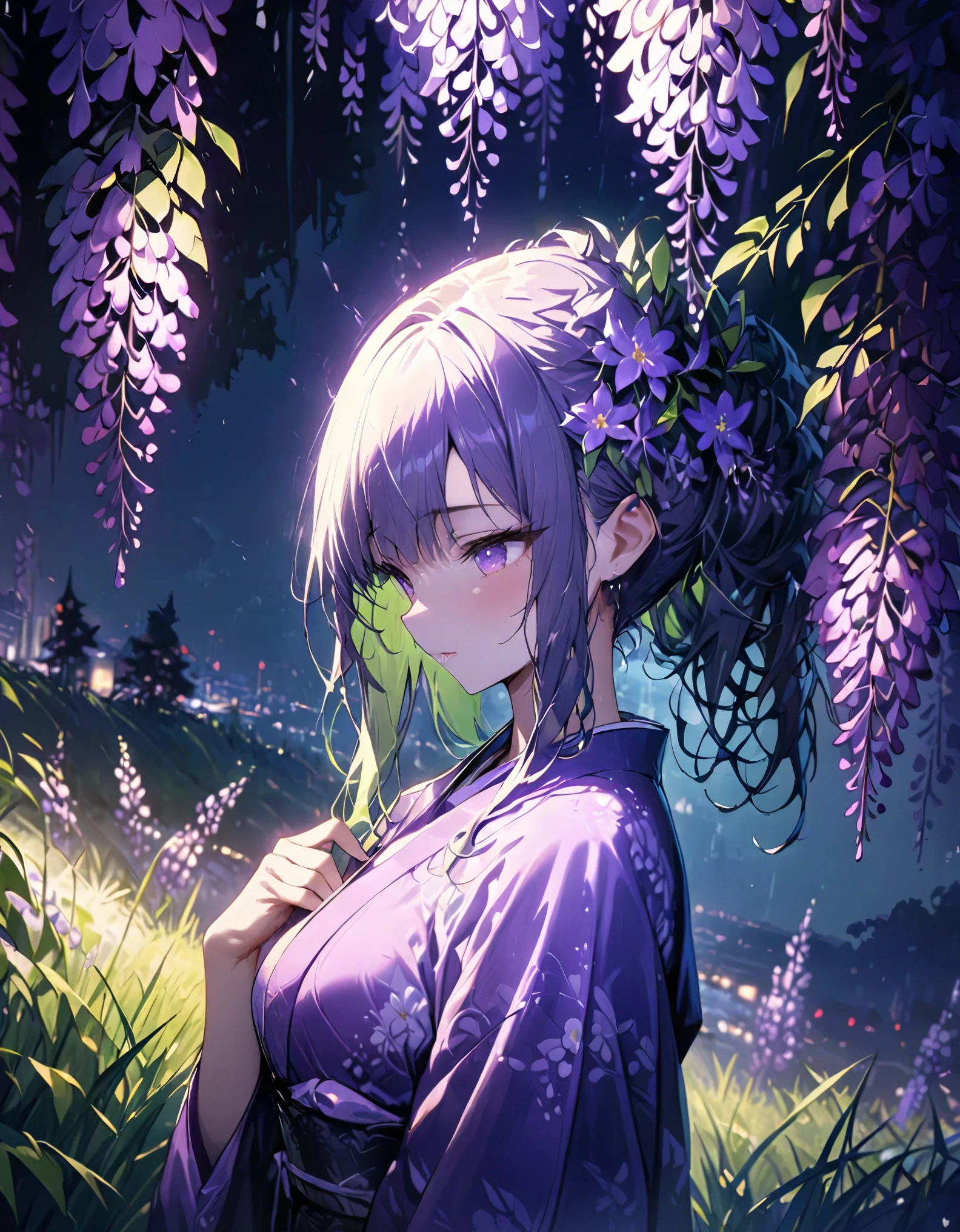 16K、8K、32K、朧月、Woman wearing purple kimono、Looking Down、Wisteria flower、Green grass、night、moonlight、(((masterpiece))), (best quality), (ultra detail), (very_high_resolution), (large_filesize), (full color)