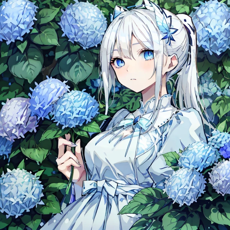White Hair,Long Hair,Blue Eyes,Sharp Eyes,ponytail,Blue Dress,Blue hydrangea,A lot of hydrangeas,gem,beautiful,Mature,beautiful,Blue Butterfly,Fantasy
