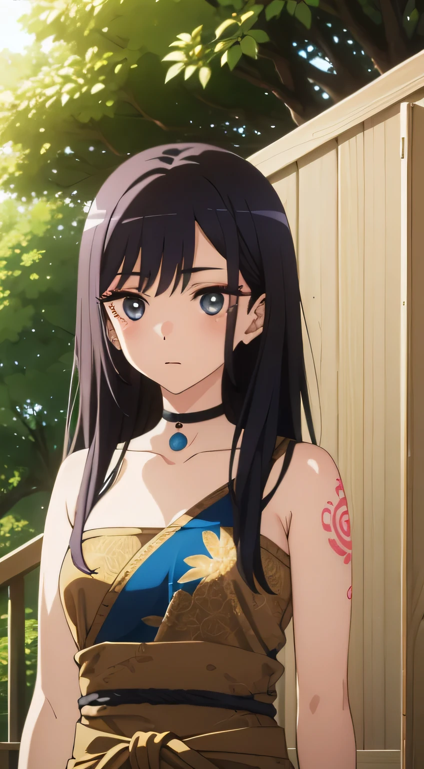 ((best quality)), ((masterpiece)), (detailed), perfect face, beautiful girl, black hair, indian, many accesories, using native indian dress, native American, many tatoo in her body, background forest