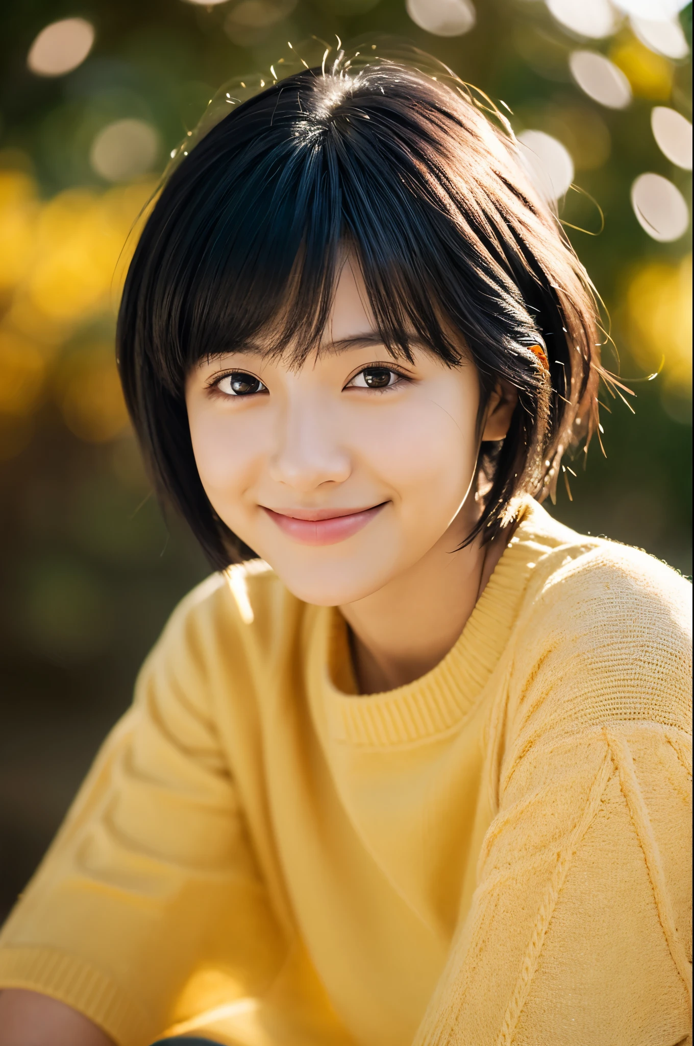 Portraiture, 8k, high quality, Realistic Photographic Images, 17 years old, Japanese women, Neat, small, Natural and realistic eyes, Beautiful black hair, short hair, light makeup, Octane Rendering, Beautiful lighting, Golden ratio composition, smile, Casual wear, Casual clothing, Natural background, Blurred Background